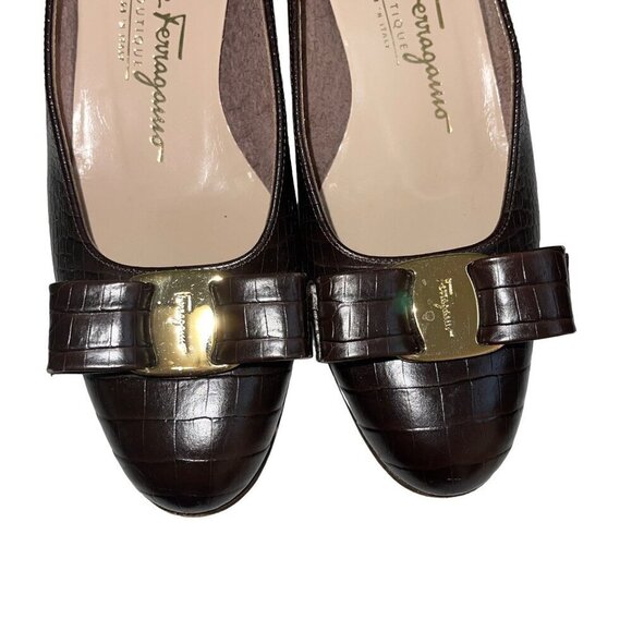 Salvatore Ferragamo Womens Pumps Size 6 Brown Vara Bow Croc Embossed Leather - Picture 4 of 8